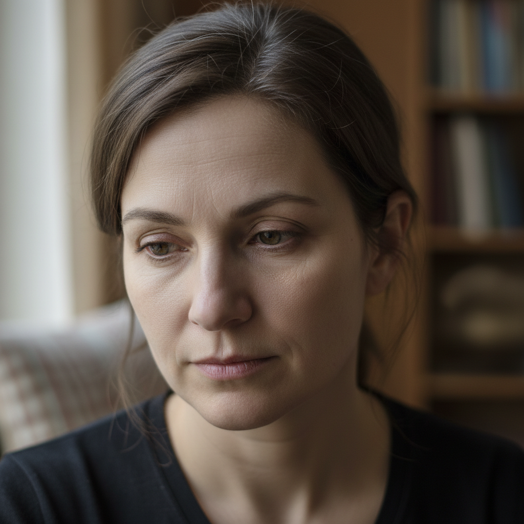 Woman with dull, uneven skin tone under flat indoor lighting, tired expression