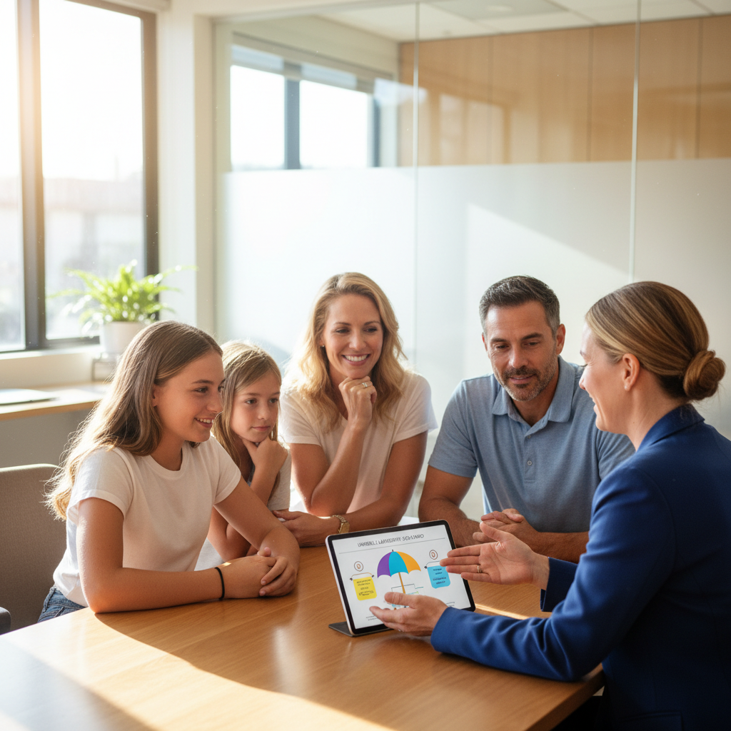 Insurance agent explaining umbrella liability coverage options to a California family