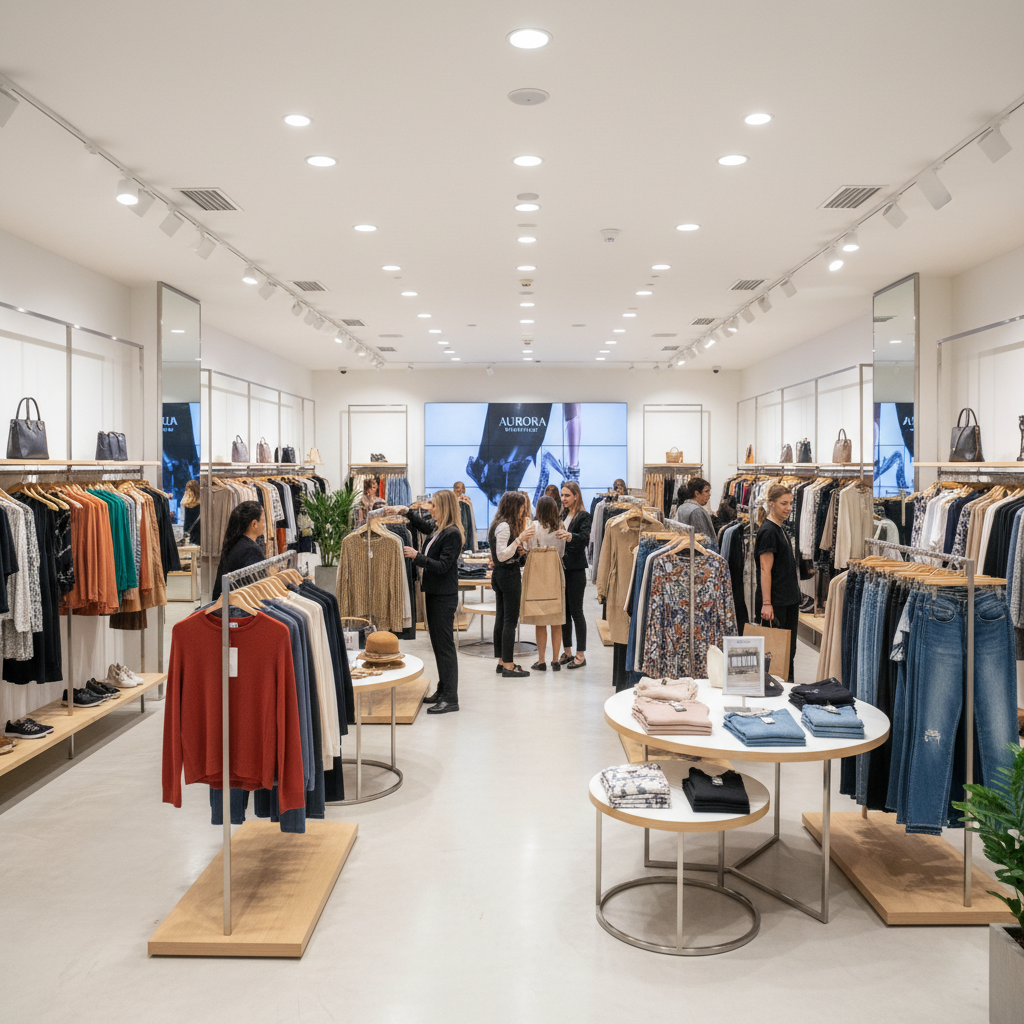 Fashion shopping environment with clothing displays, warm retail lighting, aspirational lifestyle aesthetic, elegant atmosphere