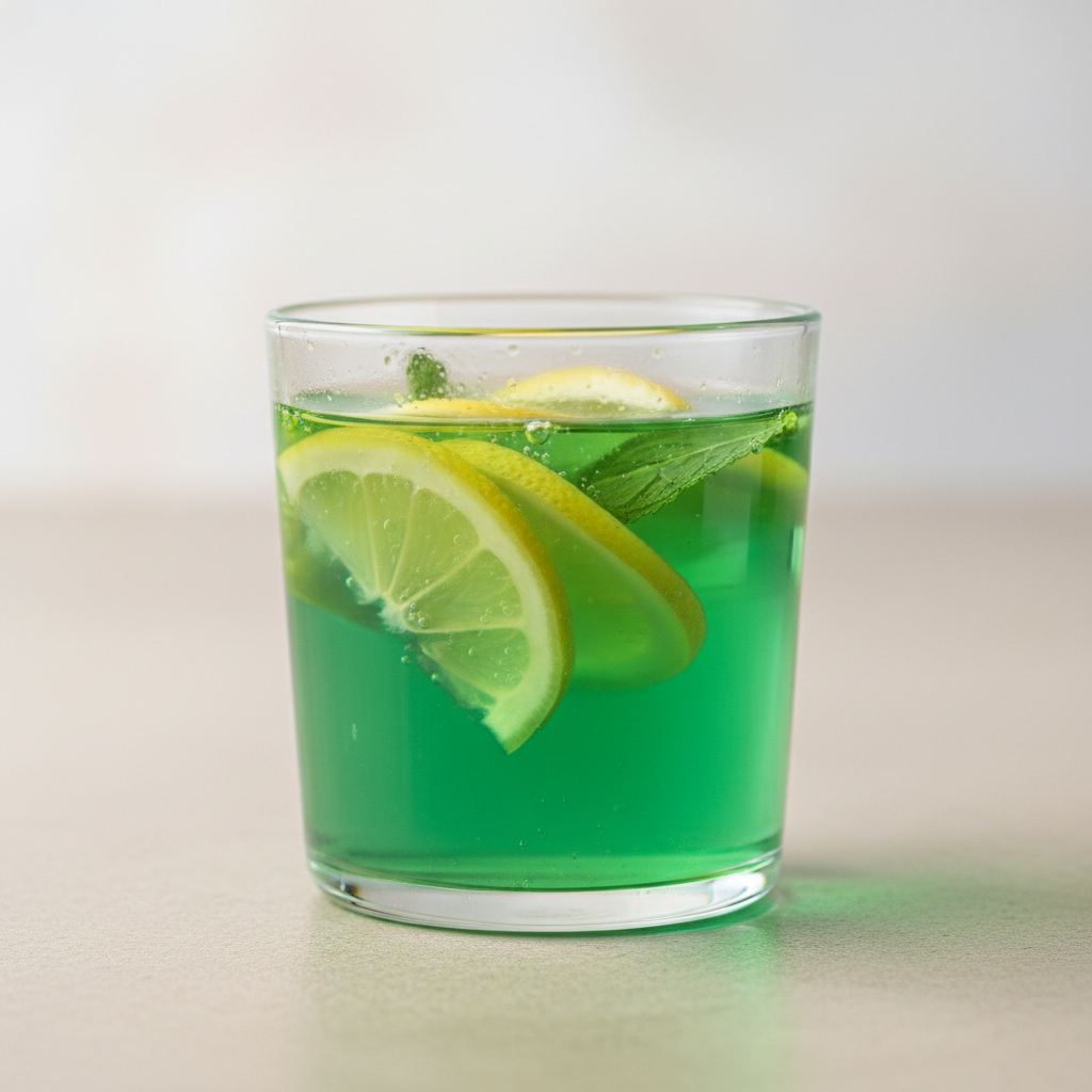 Jal jeera green mint cumin drink in glass with lemon slice