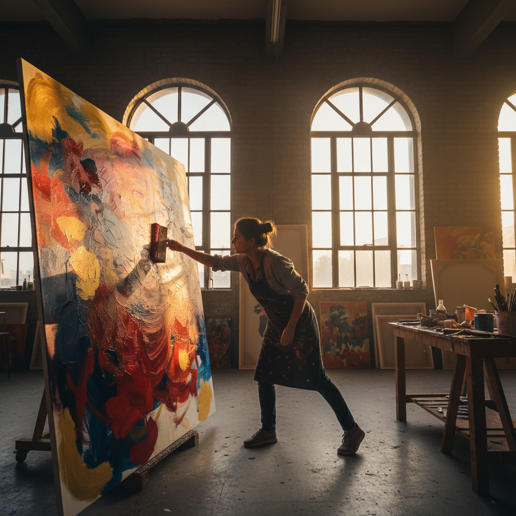 Artist painting large canvas in studio, warm natural light, vivid paint strokes in orange and cream tones, airy bright space
