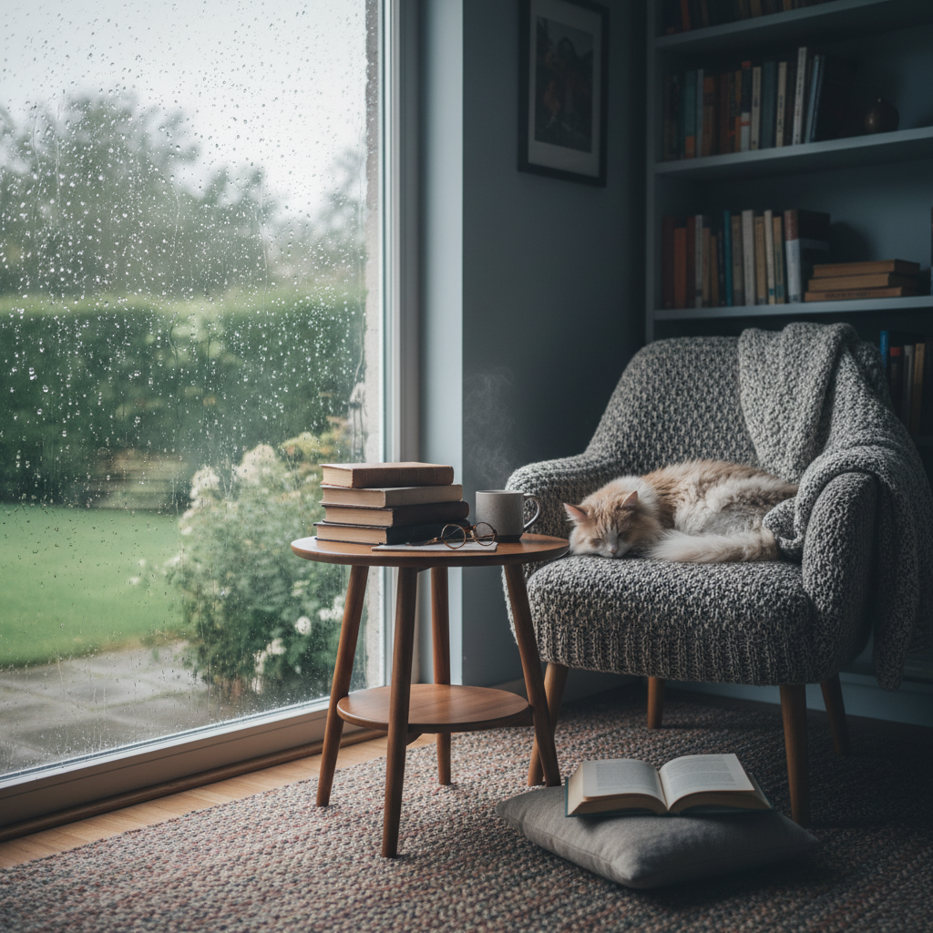 Cozy reading nook with rain on window and books on table