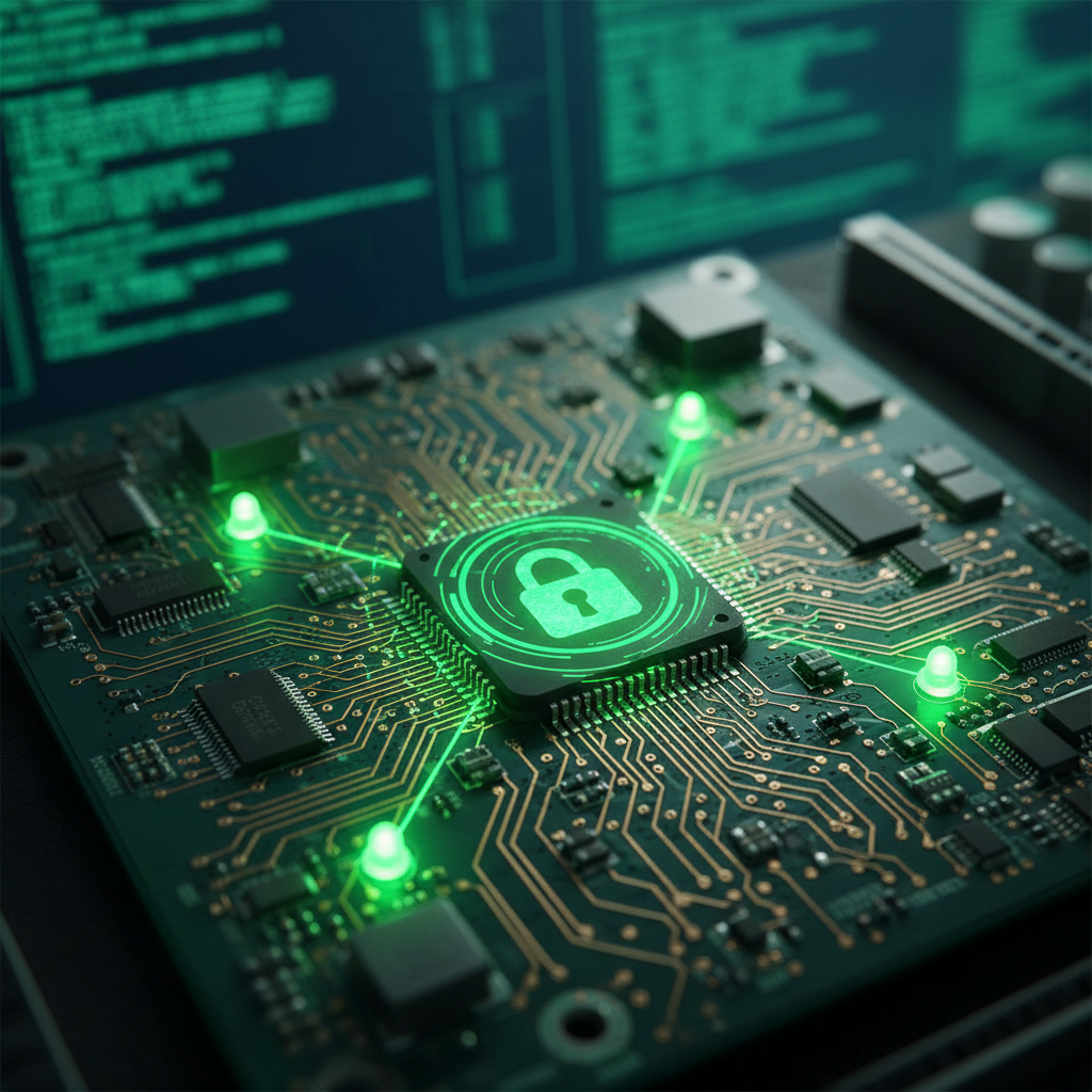 Close-up of a glowing green circuit board with security chip in dim lighting