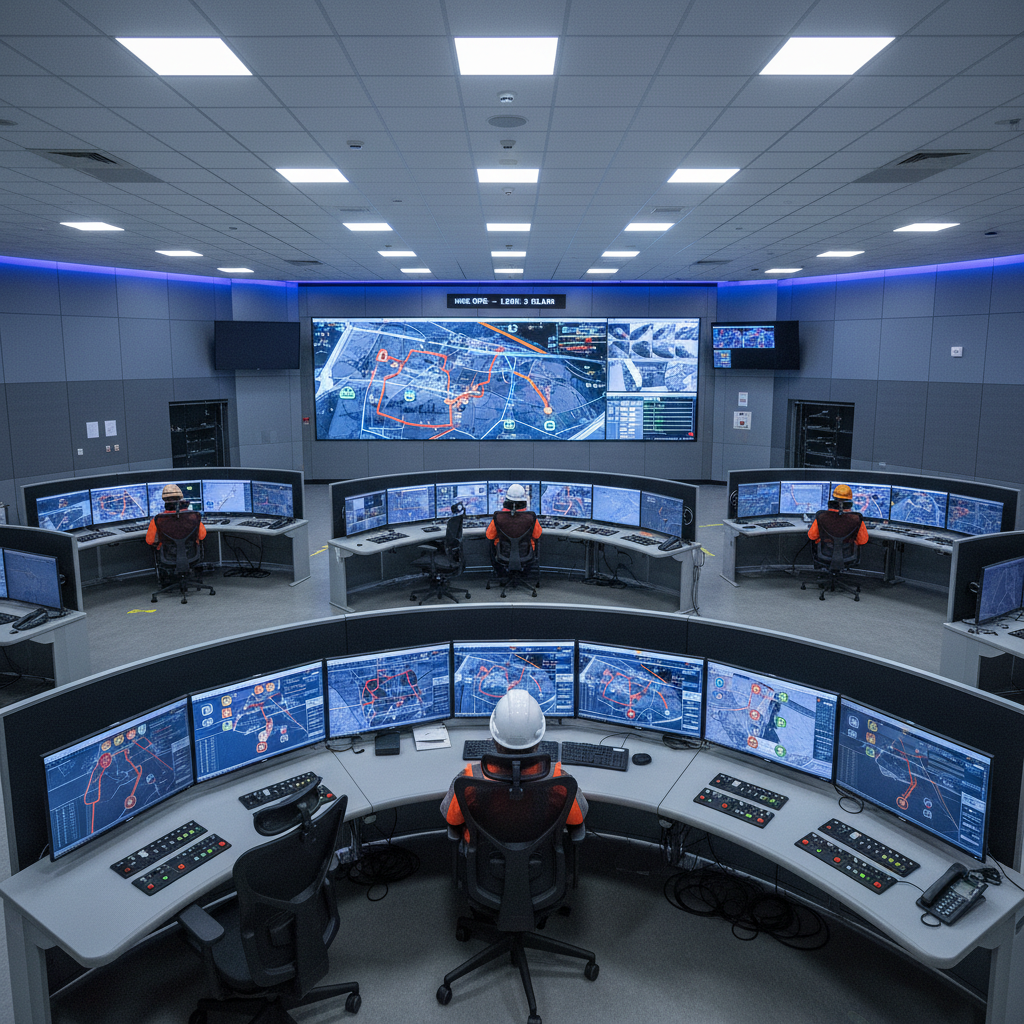 Mine safety control room with multiple monitors displaying mine map and miner tracking system with location indicators