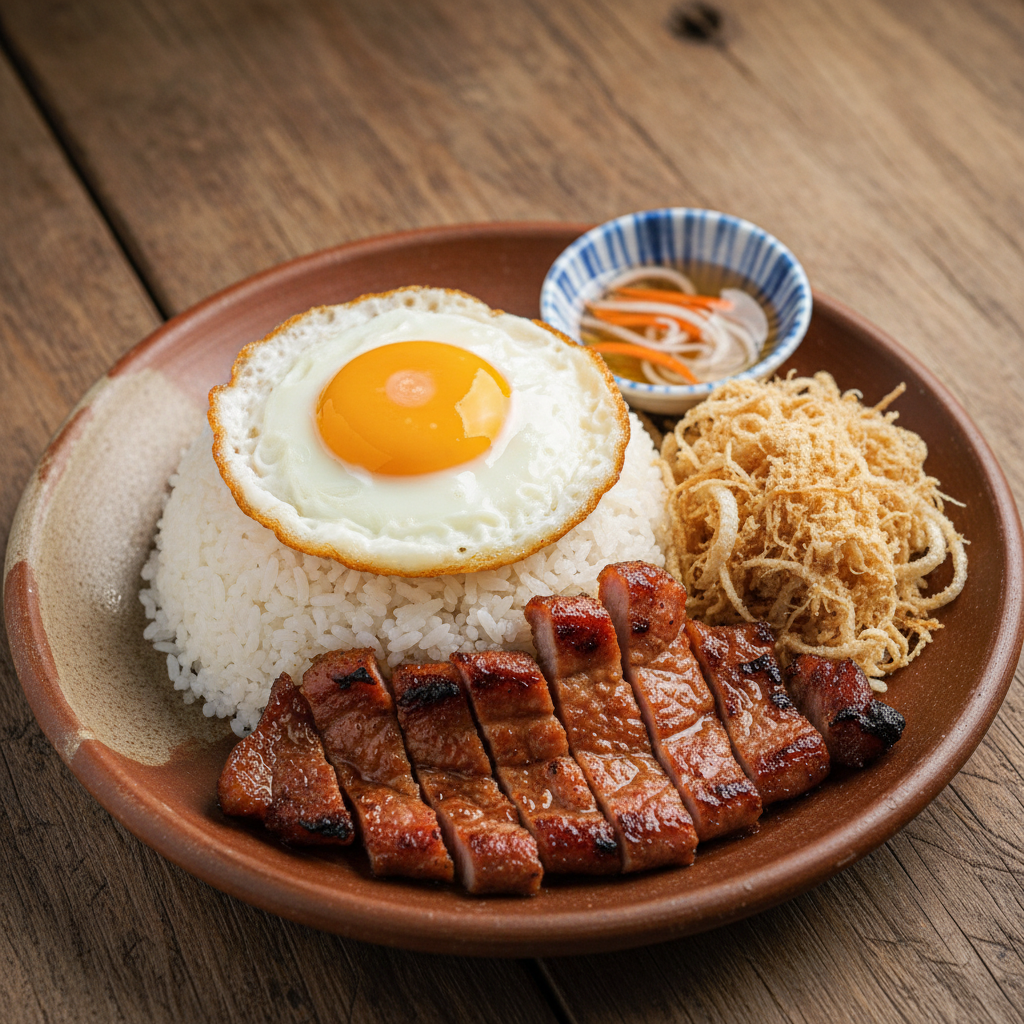 Broken rice plate with char-grilled pork collar, fried egg, and shredded pork skin on a clay plate