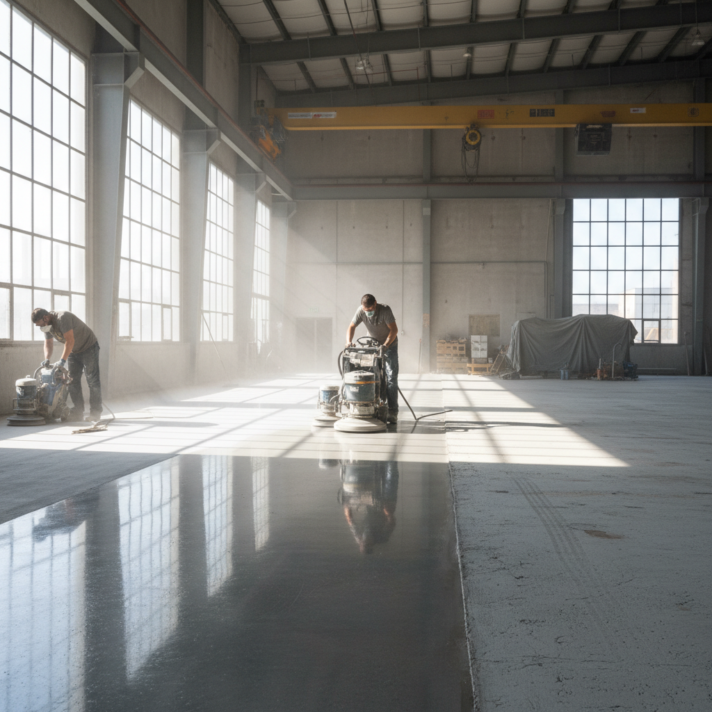 Concrete floor being polished in a new maker space, large open bay visible in background
