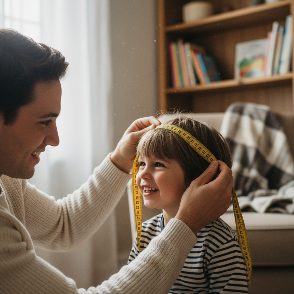 Parent measuring a child's head with a flexible tape measure, both smiling, indoor lighting