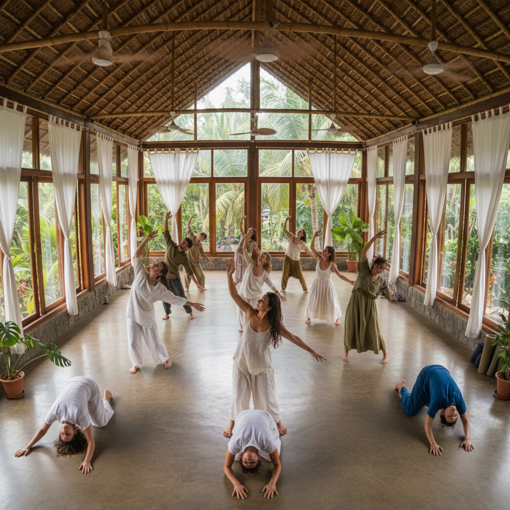 Dance workshop participants moving freely in studio space with natural light