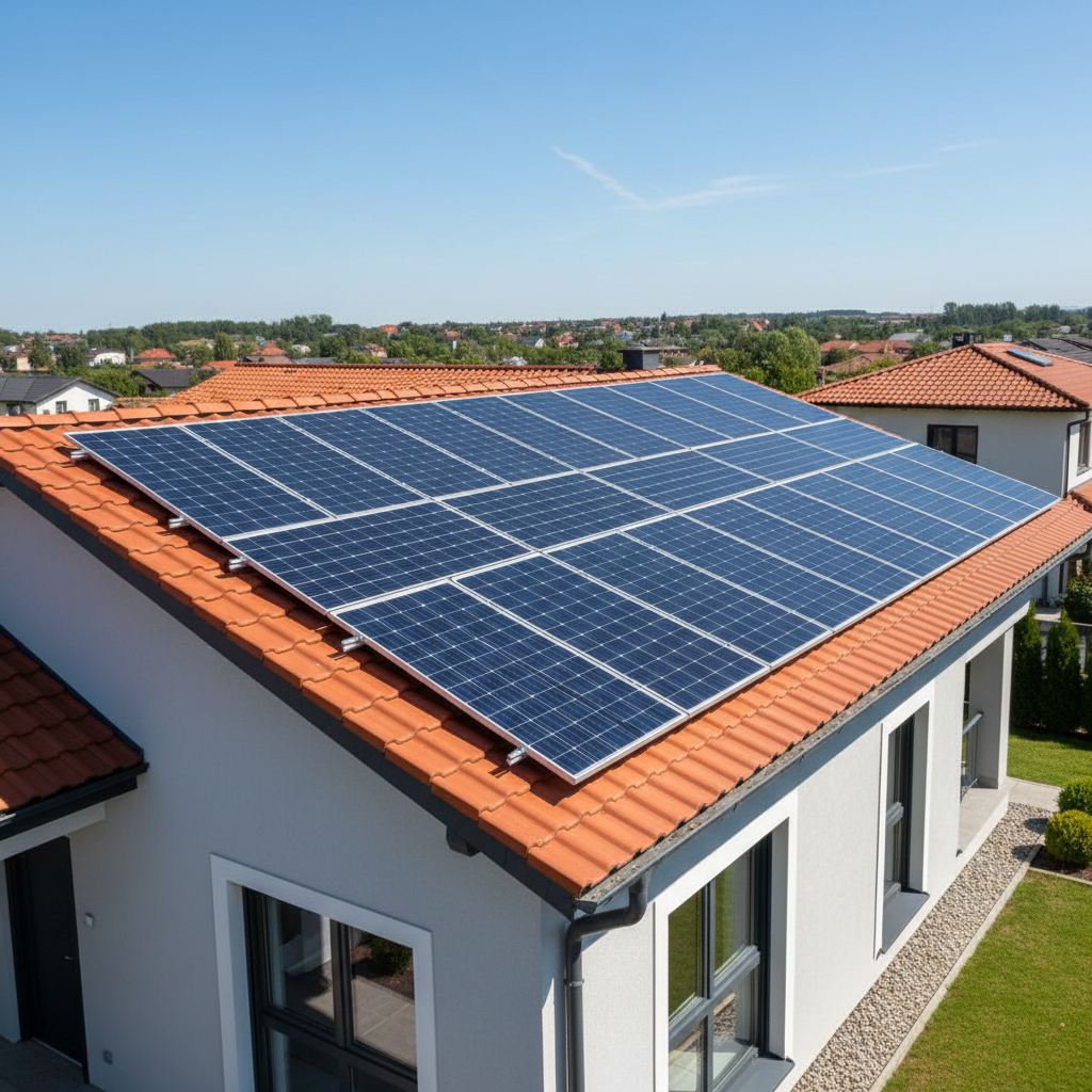 Modern solar panels installed on African healthcare clinic roof with clear blue sky