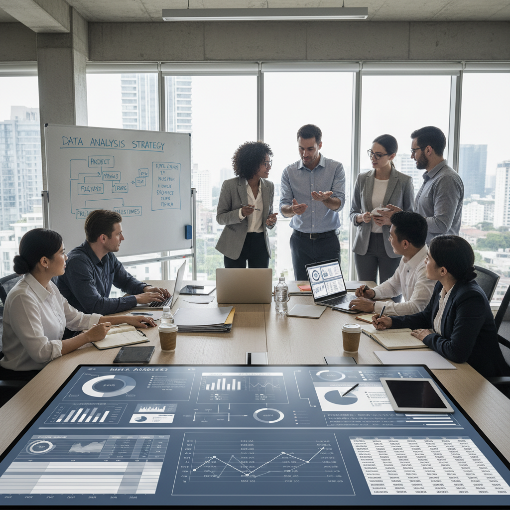 Business strategy session with charts and data analysis on conference table, professional office environment, warm lighting