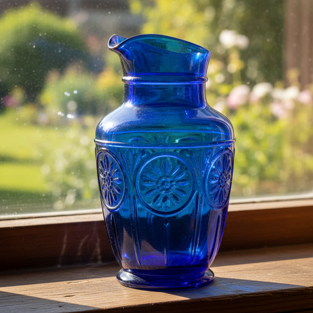 Cobalt blue Depression-era glass pitcher on a windowsill in sunlight