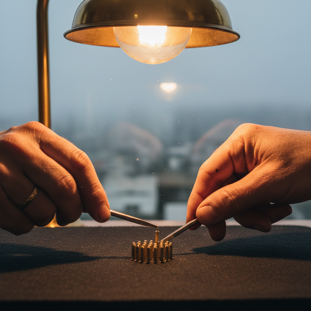 Locksmith hands working under porch light, brass pins on felt mat, San Francisco fog in background