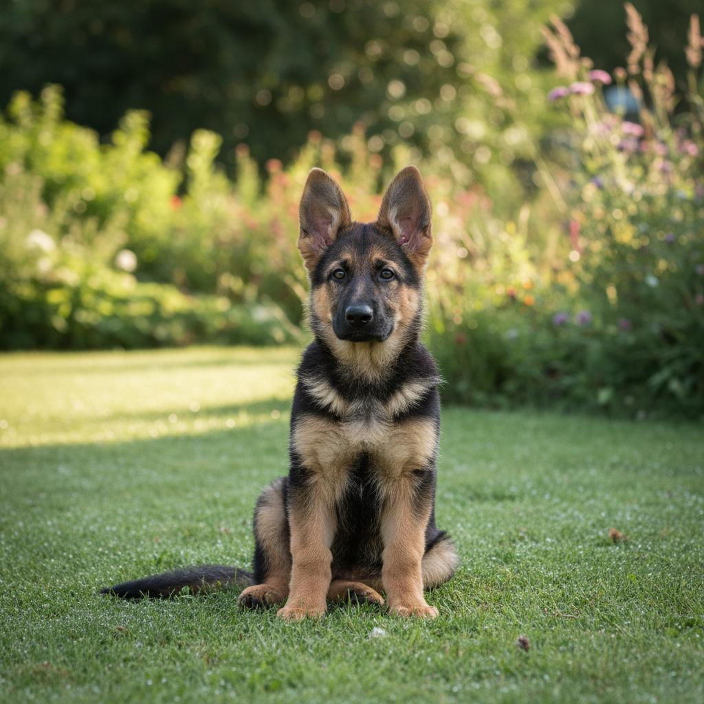 Sable German Shepherd female puppy Fern calm expression in yard