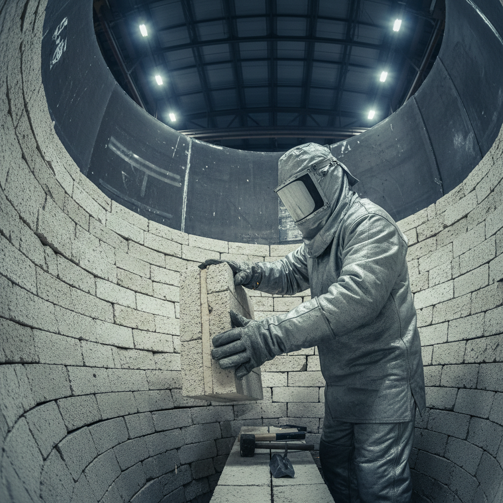 Refractory installation workers in protective gear applying castable refractory lining inside a large industrial furnace, bright work lights illuminating dark interior