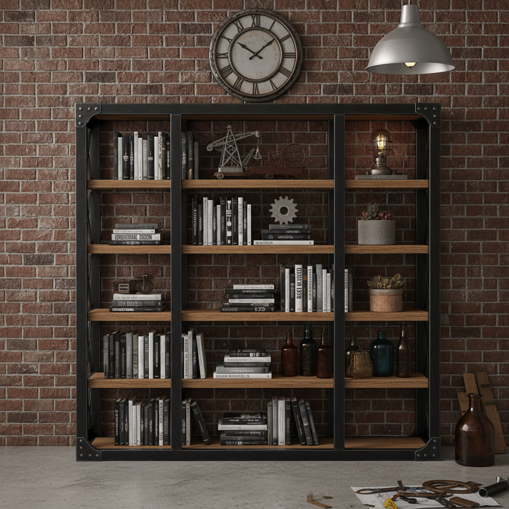 Modern arched black metal bookshelf with glass shelves filled with curated books and objects