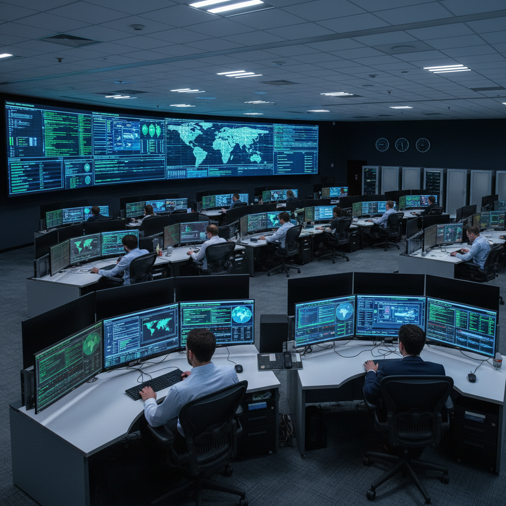 Network operations centre with blue glowing screens showing telecommunications infrastructure data