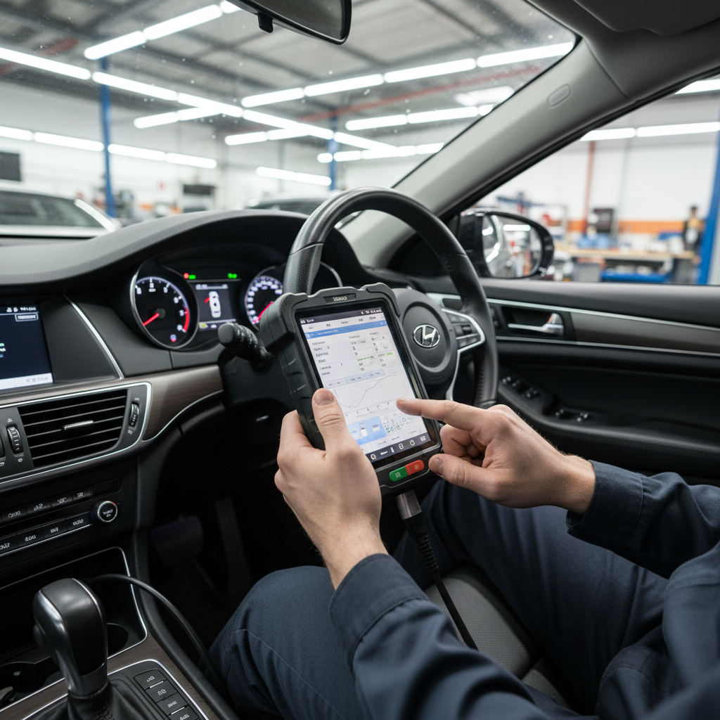 Mechanic using professional OBD diagnostic scanner connected to a vehicle in a workshop
