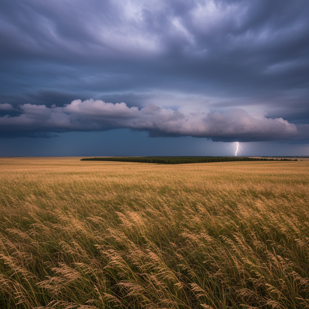 Vast open American plains with dramatic stormy sky at golden hour