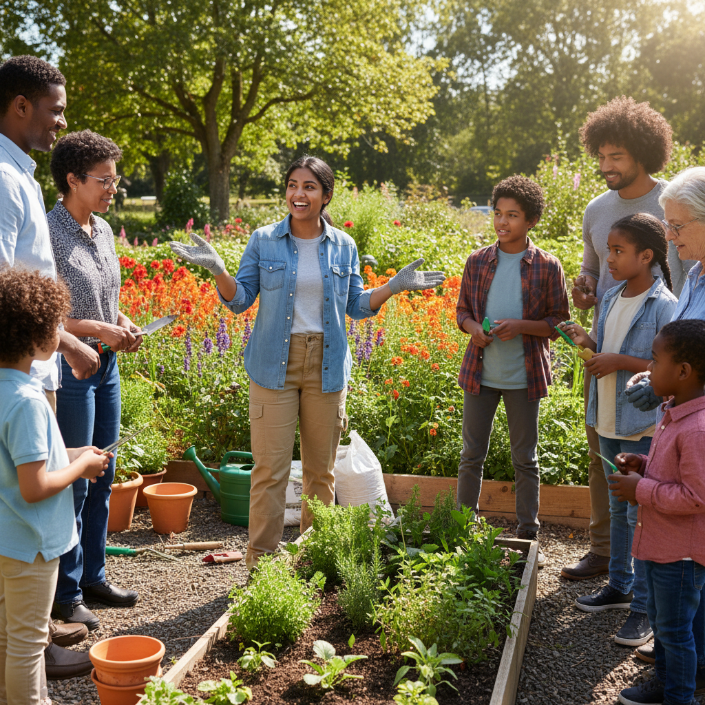 South Asian-Australian woman in her 30s smiling in community garden setting