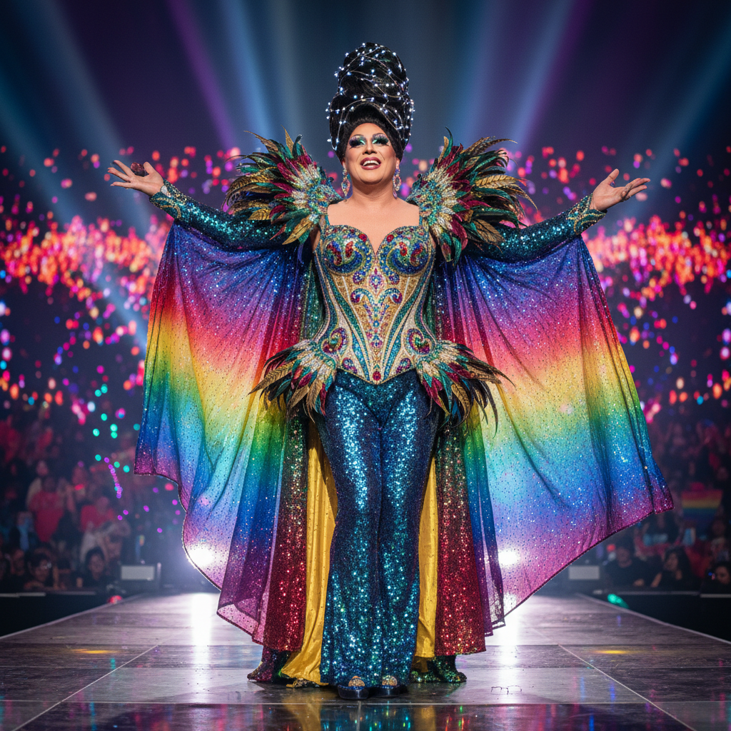 Drag performer in glamorous costume entertaining a packed nightclub crowd