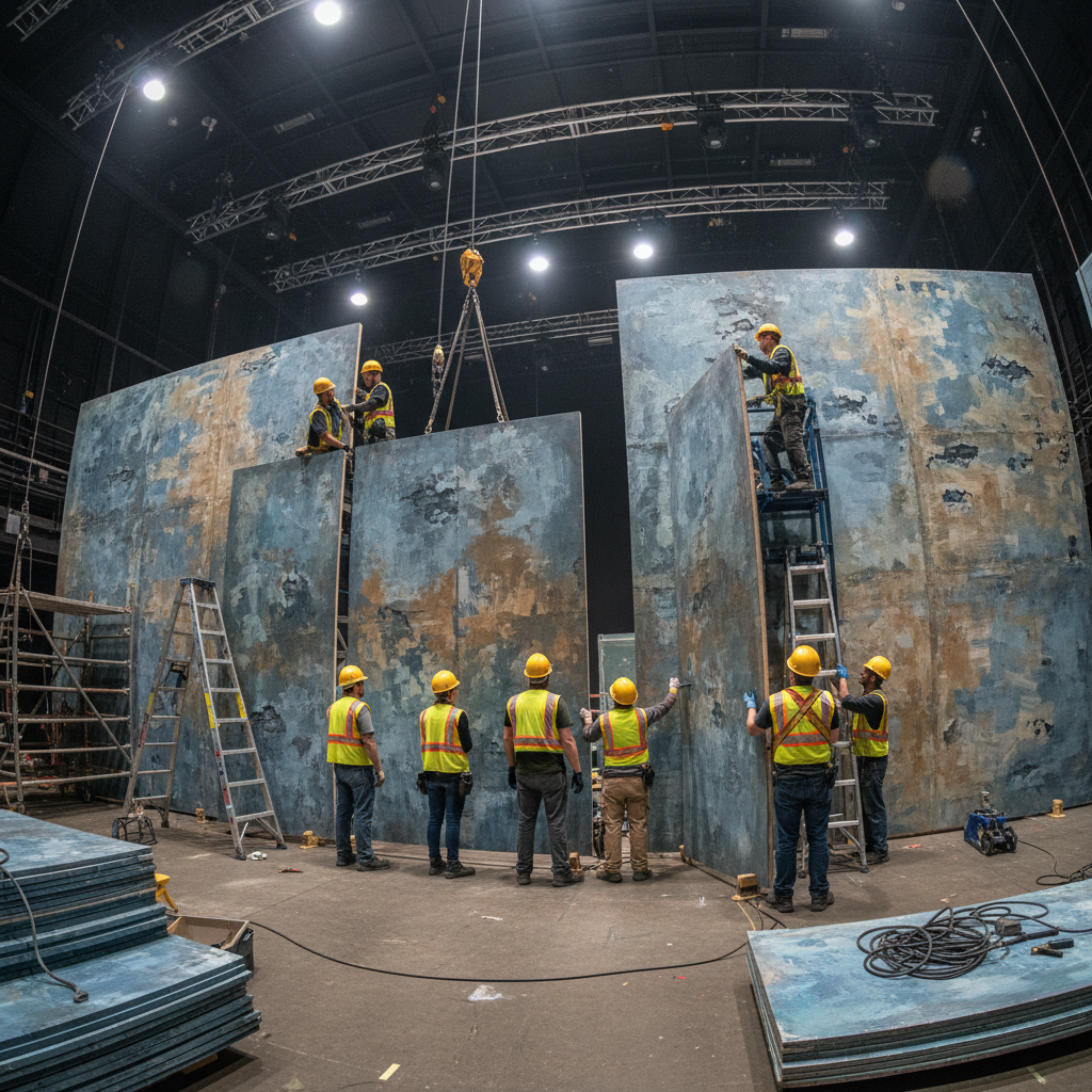 Set construction crew in hard hats assembling large painted flats under work lights
