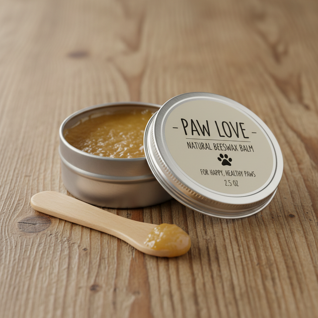 Tin of natural beeswax dog paw balm with wooden applicator on pine table