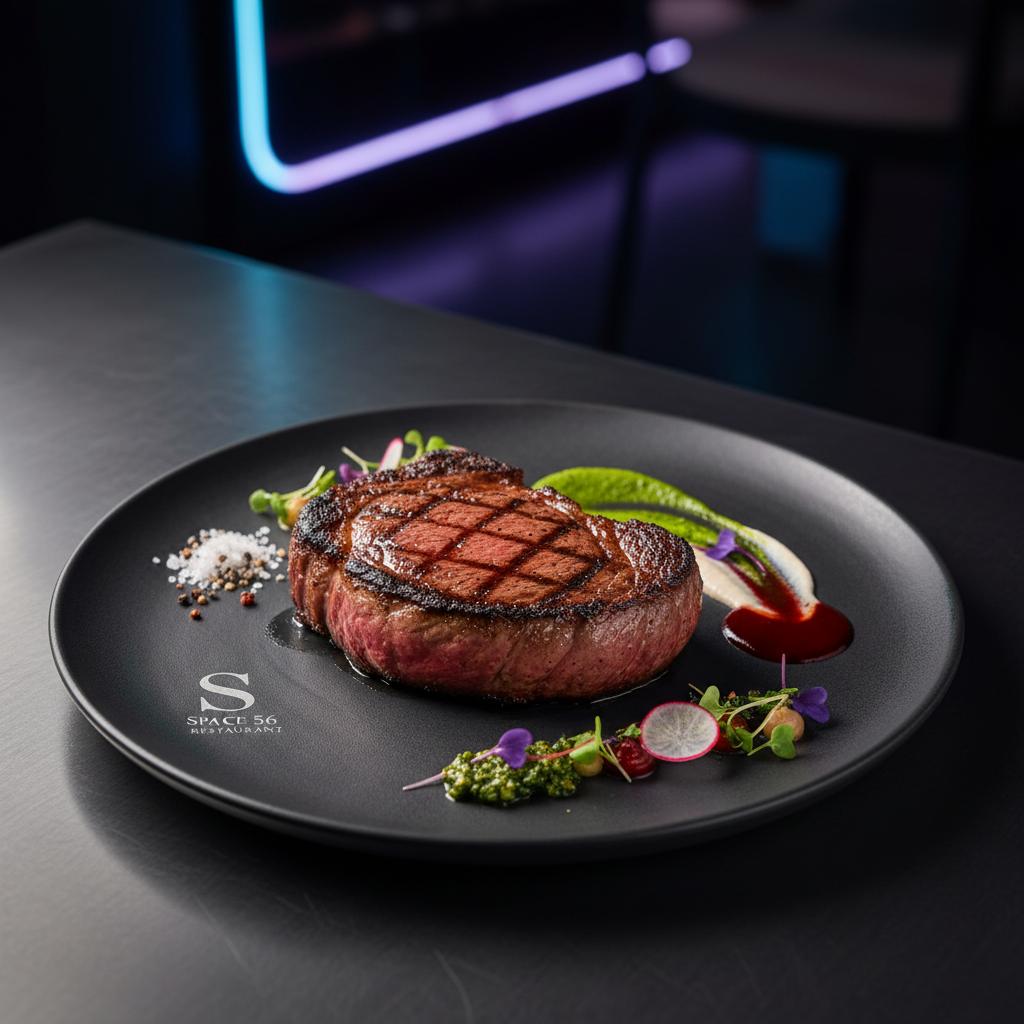 Grilled steak with perfect char marks on dark plate, smoky atmosphere, dim warm lighting