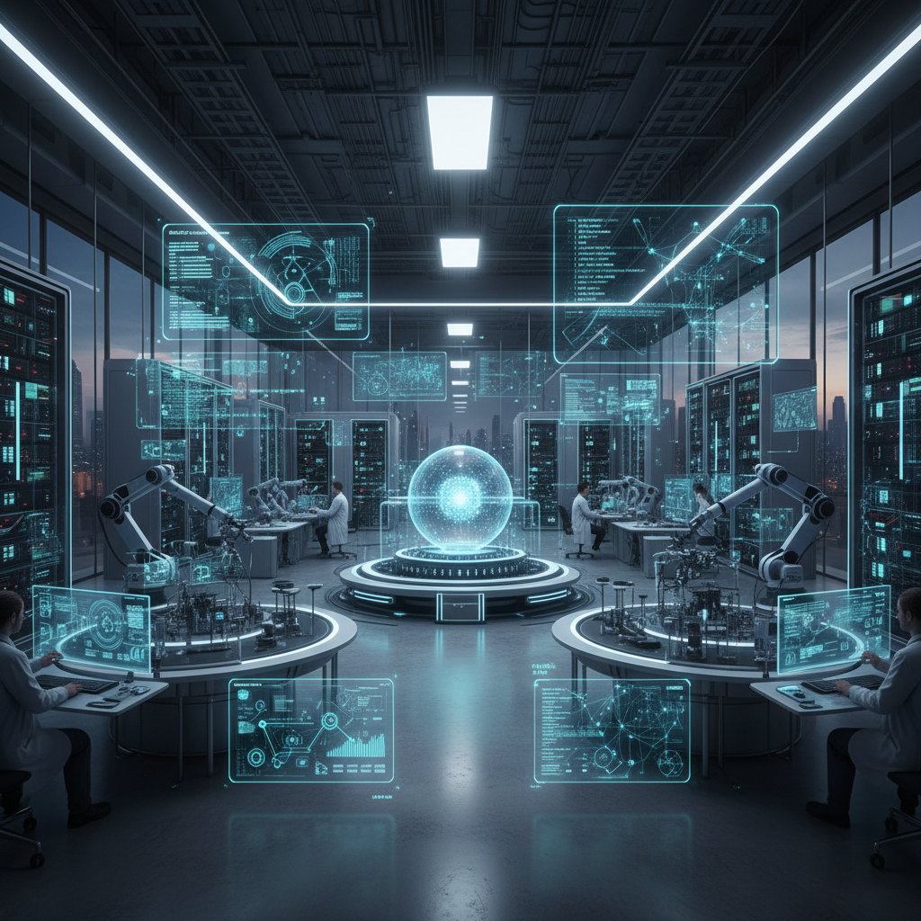 Laboratorio tecnológico avanzado con equipos de investigación de IA