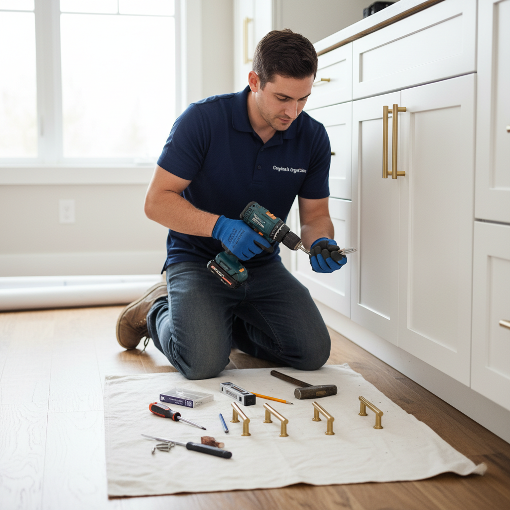 Sorted tradesman in navy polo installing cabinet hardware in a modern kitchen, tools laid out precisely on a white cloth