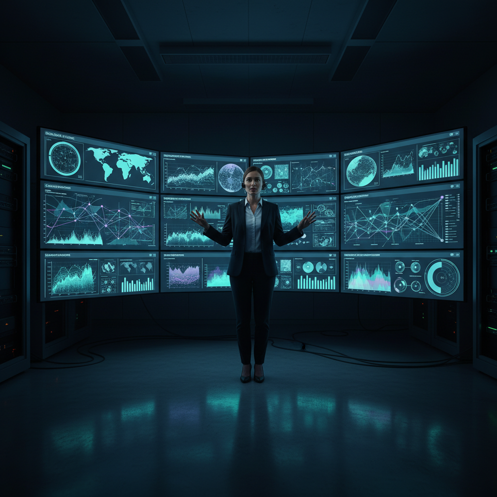 Researcher presenting data visualizations on multiple screens in a dimly lit lab environment