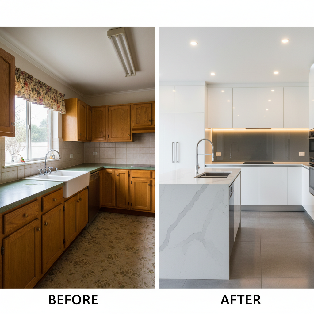 Before and after comparison of a Prestige Studio kitchen renovation showing transformation from dated to contemporary luxury