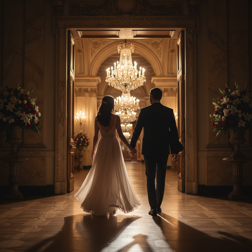 Couple walking away from ballroom hand in hand