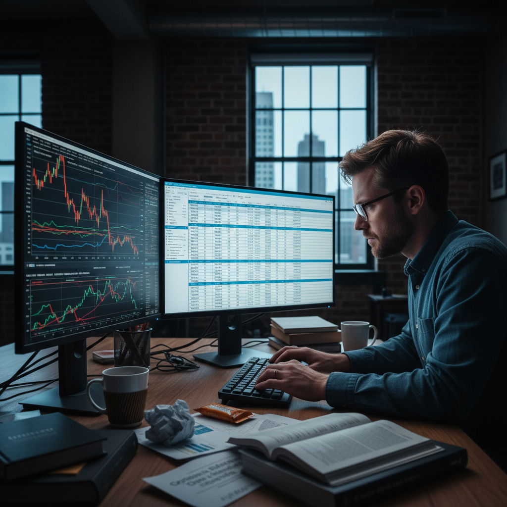 Person analyzing investment charts on dual monitors with stock market data