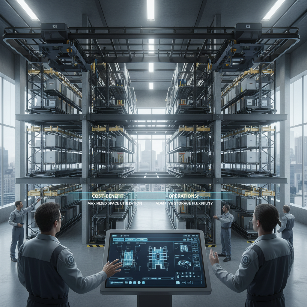 Industrial warehouse shelving system with organized storage, metal rack structure in distribution center, dim atmospheric industrial lighting