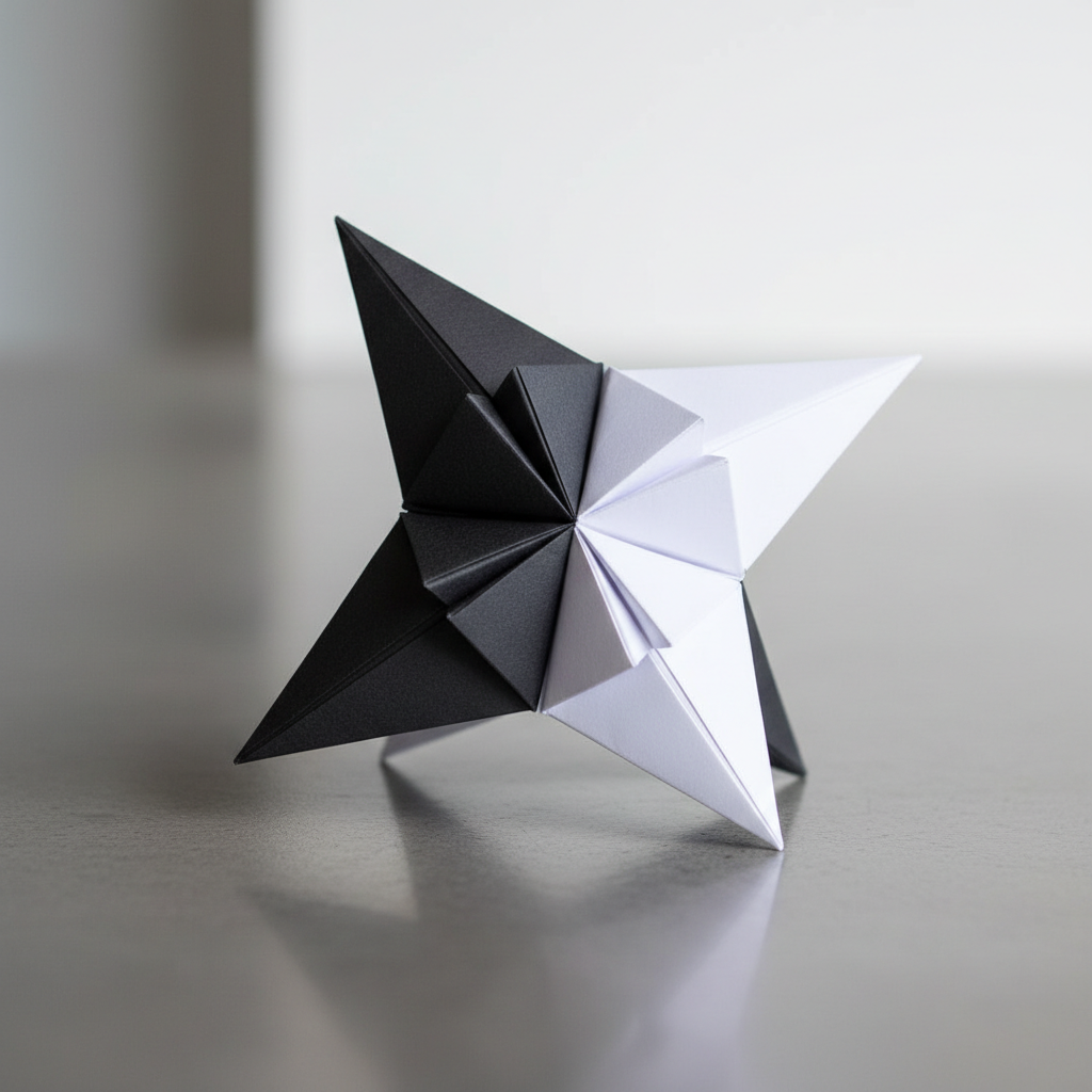 Two-tone origami shuriken throwing star in black and white paper