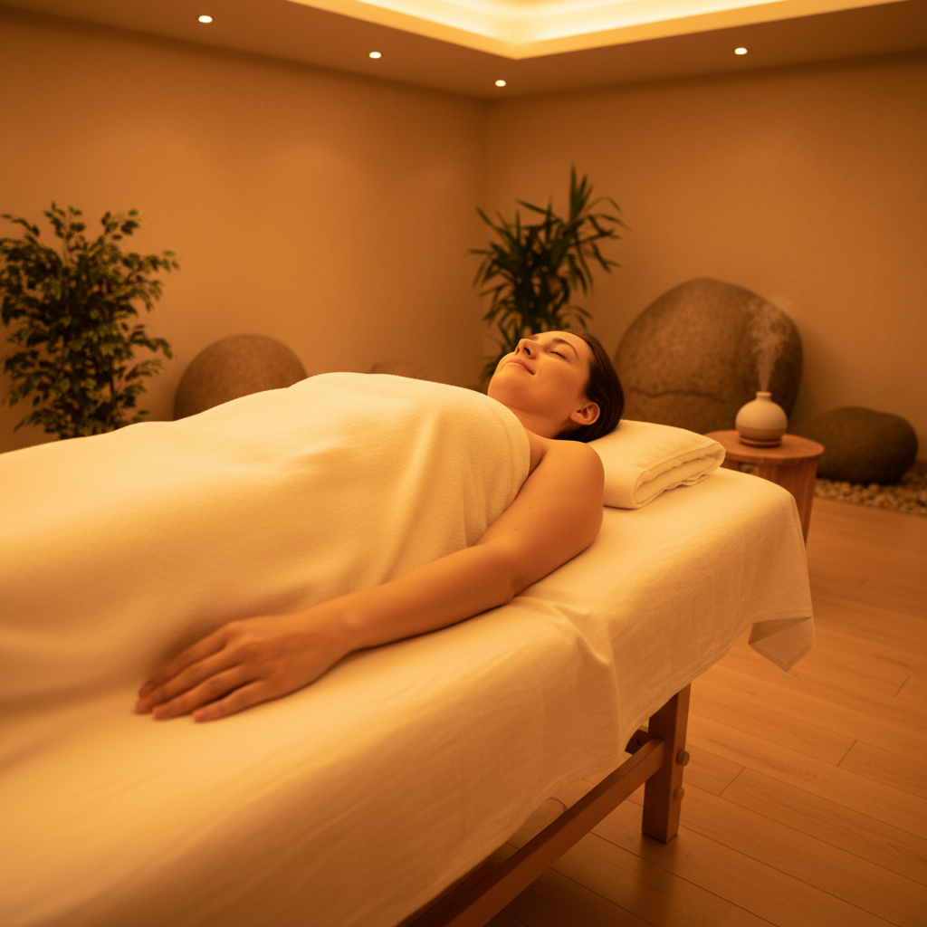 Spa treatment table with green botanical oils, white linen, dim warm lighting, luxury wellness setting