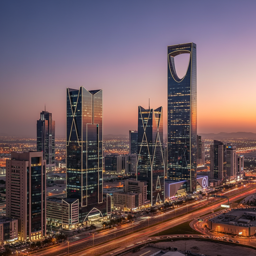 Modern Riyadh skyline with Kingdom Centre Tower illuminated at dusk