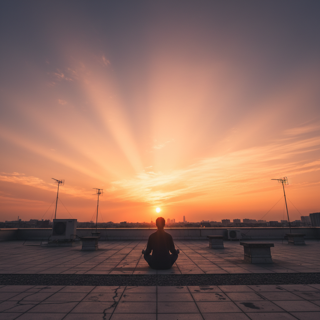 Person sitting cross-legged at sunrise on a rooftop, silhouetted against orange and pink sky