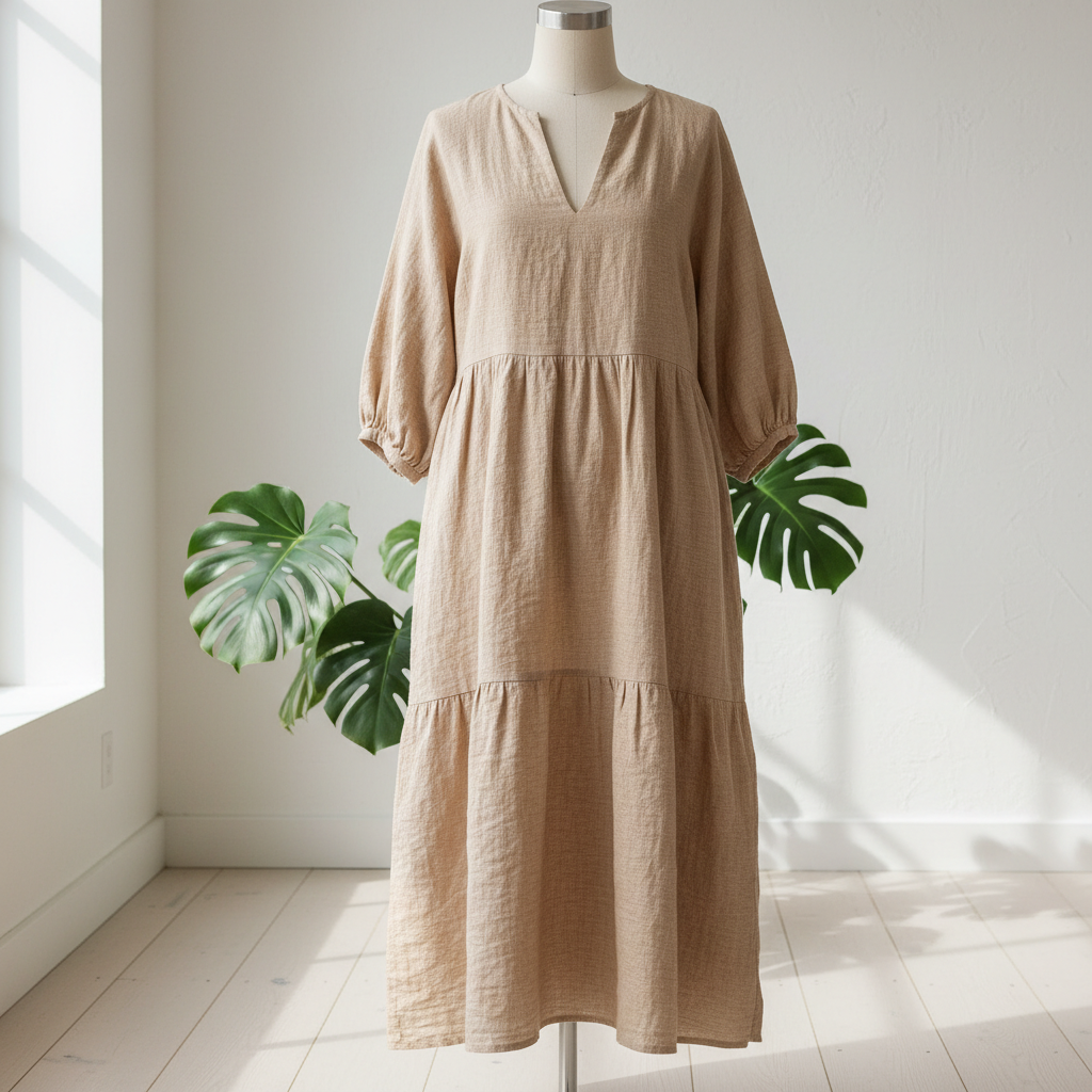 Floral print vintage midi dress on mannequin, bright airy studio, soft natural window light
