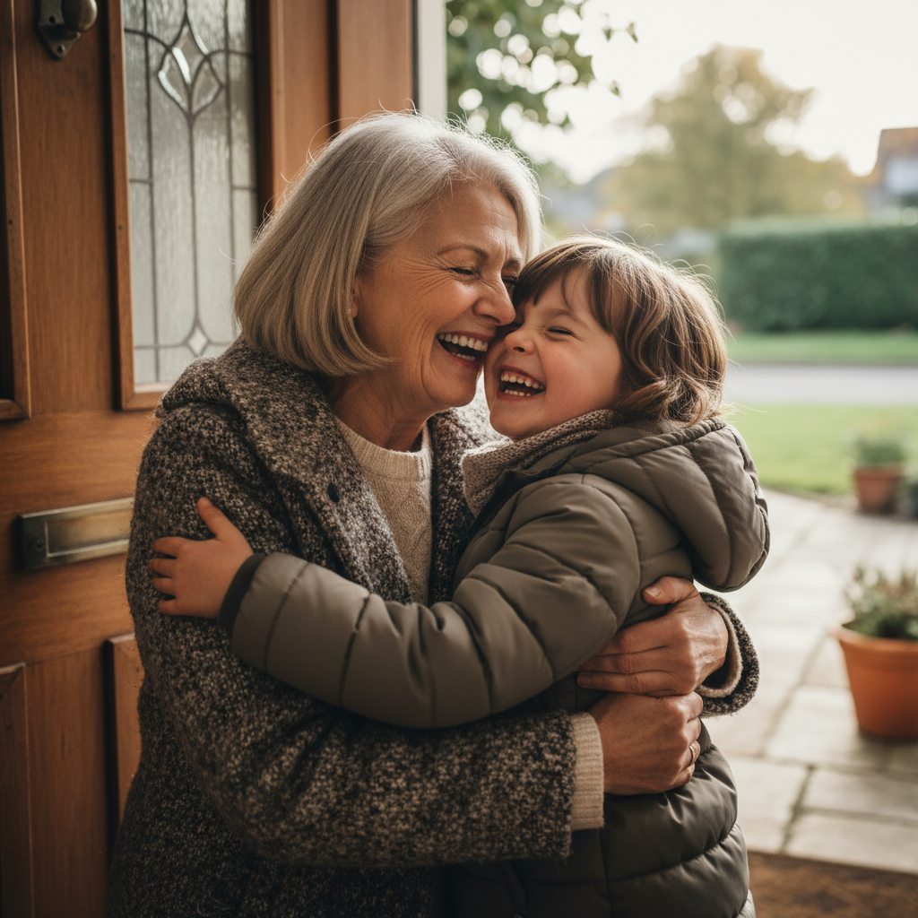 Grandmother hugging grandchild at the front door, coats still on, both laughing with eyes closed