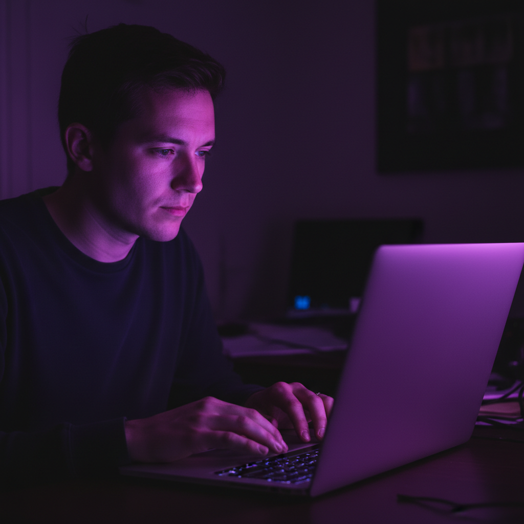 Person typing on laptop in dark room with single lamp, blue screen glow on face, deep shadows, nighttime workspace