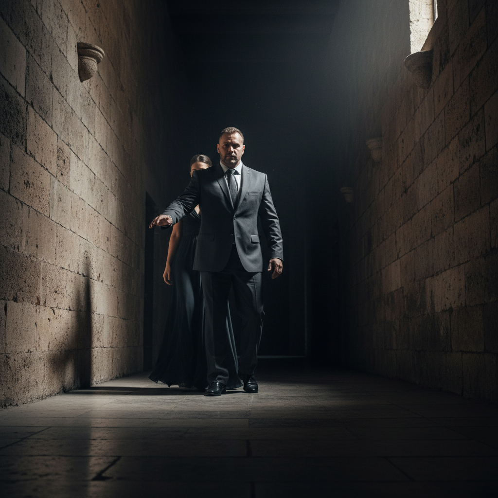 Security professional in dark suit escorting a client through a dim, atmospheric corridor, strong directional lighting, deep shadows, professional protective posture