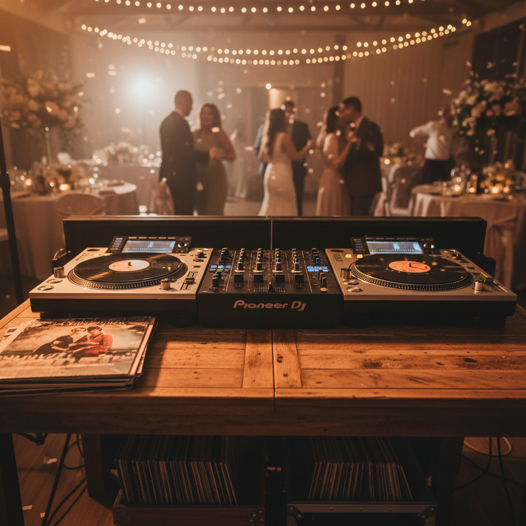 DJ performing at an Indian wedding reception with warm golden lighting