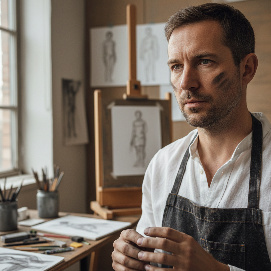 James Obi, charcoal and sketch instructor with focused artistic gaze