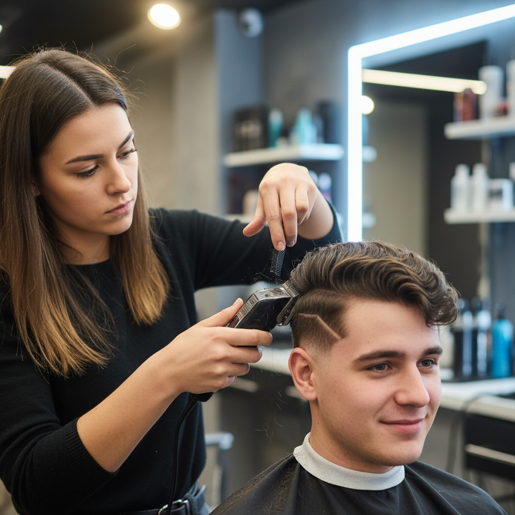 Advanced barber student performing complex hair design on client
