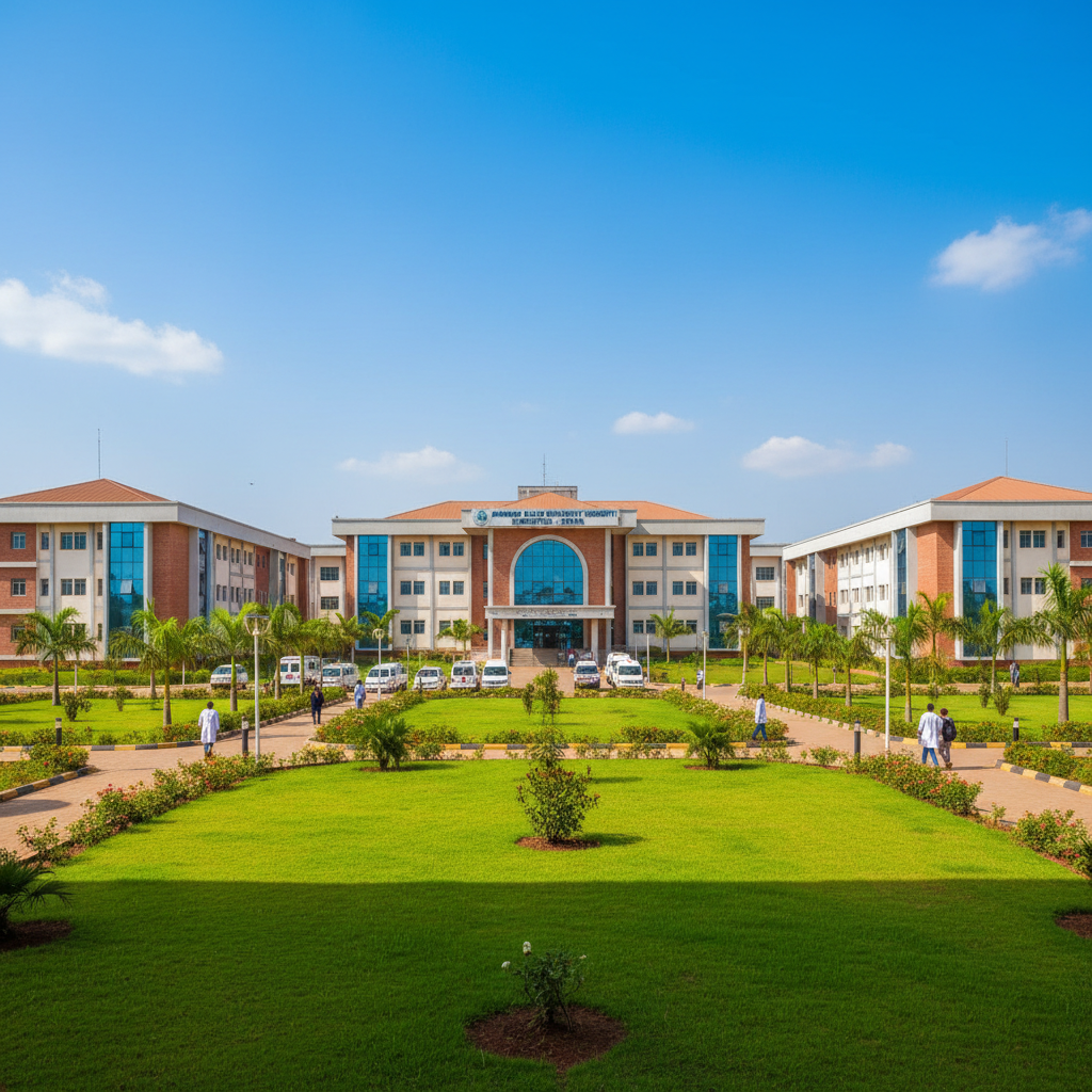 Teaching hospital in northern Nigeria, large medical complex, clean grounds, professional setting
