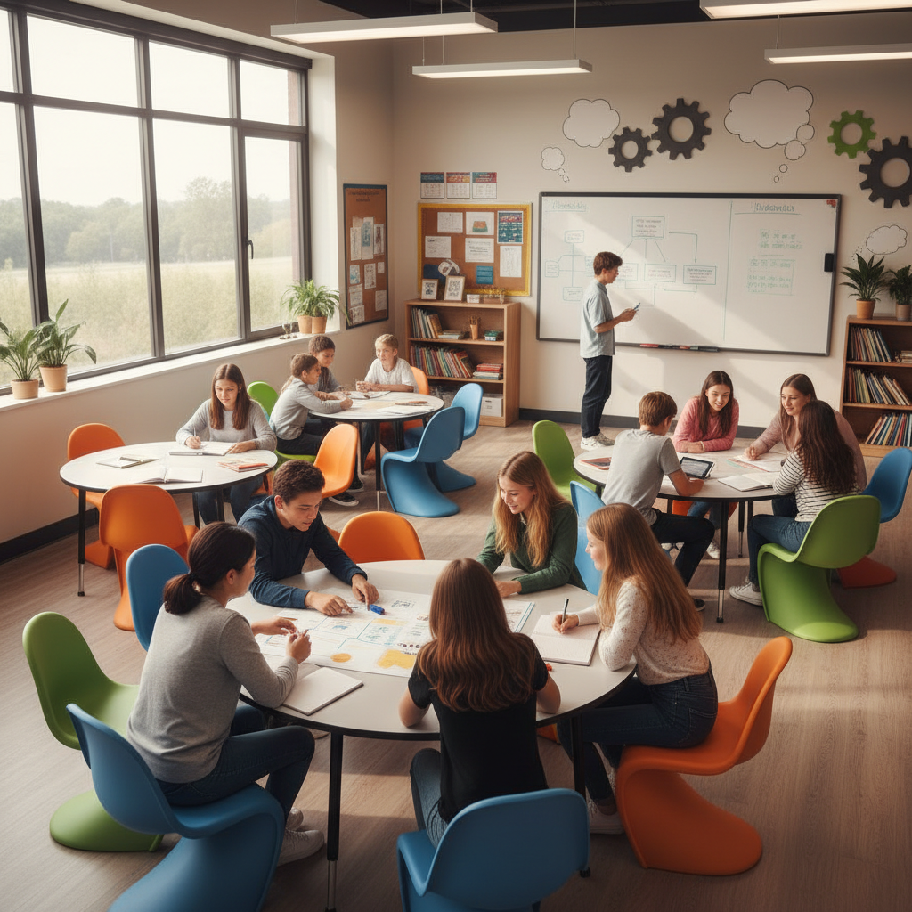 Students in bright, well-equipped classroom with large windows and natural light, engaged in collaborative learning