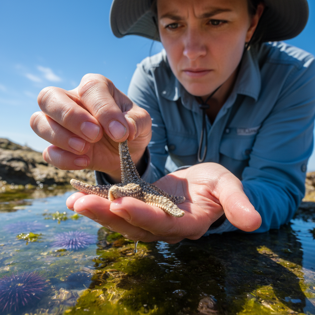 Marine biologist holding a juvenile sea star, tide pool behind her