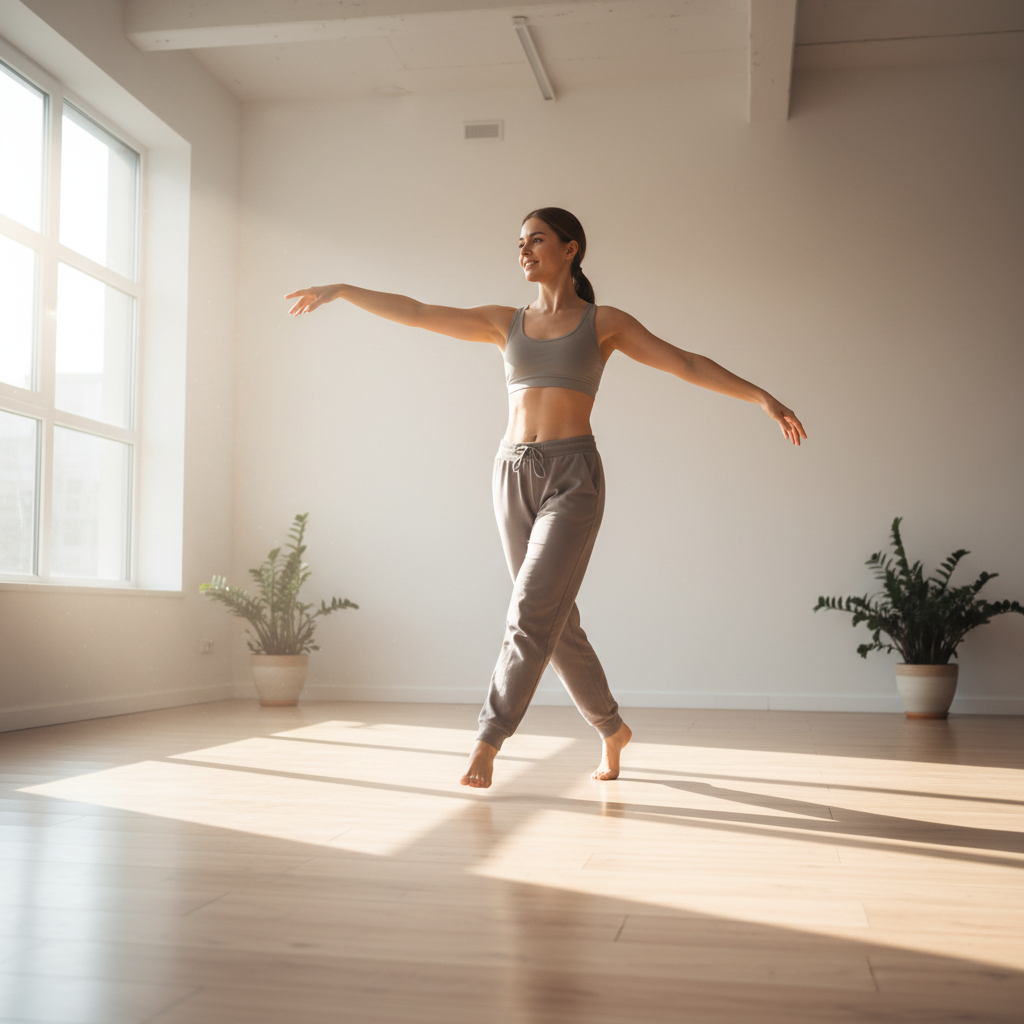 Maya, a dance instructor in her early thirties, smiling warmly in a dance studio