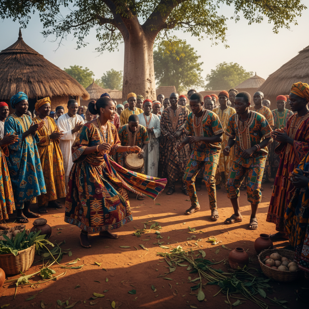 Teenagers in traditional African attire participating in a community ceremony with elders